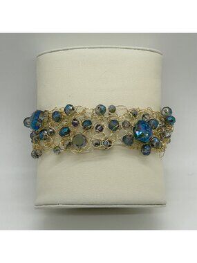 Handcrafted Gold Tone Wire Crochet Cuff Blue Beads Woven Mesh Statement Artisan